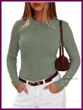 Crewneck Pullover Sweater Long Sleeve Ribbed Knit Women Fall Winter